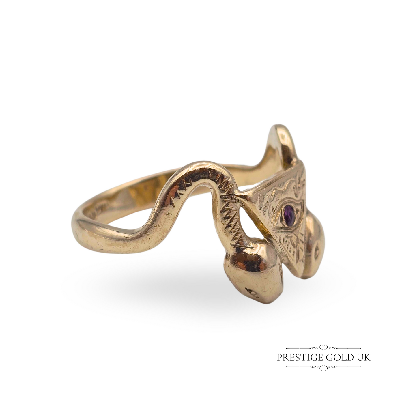 9ct Gold Snake Ring with All Seeing Eye, Dual Serpents Engraved Ring