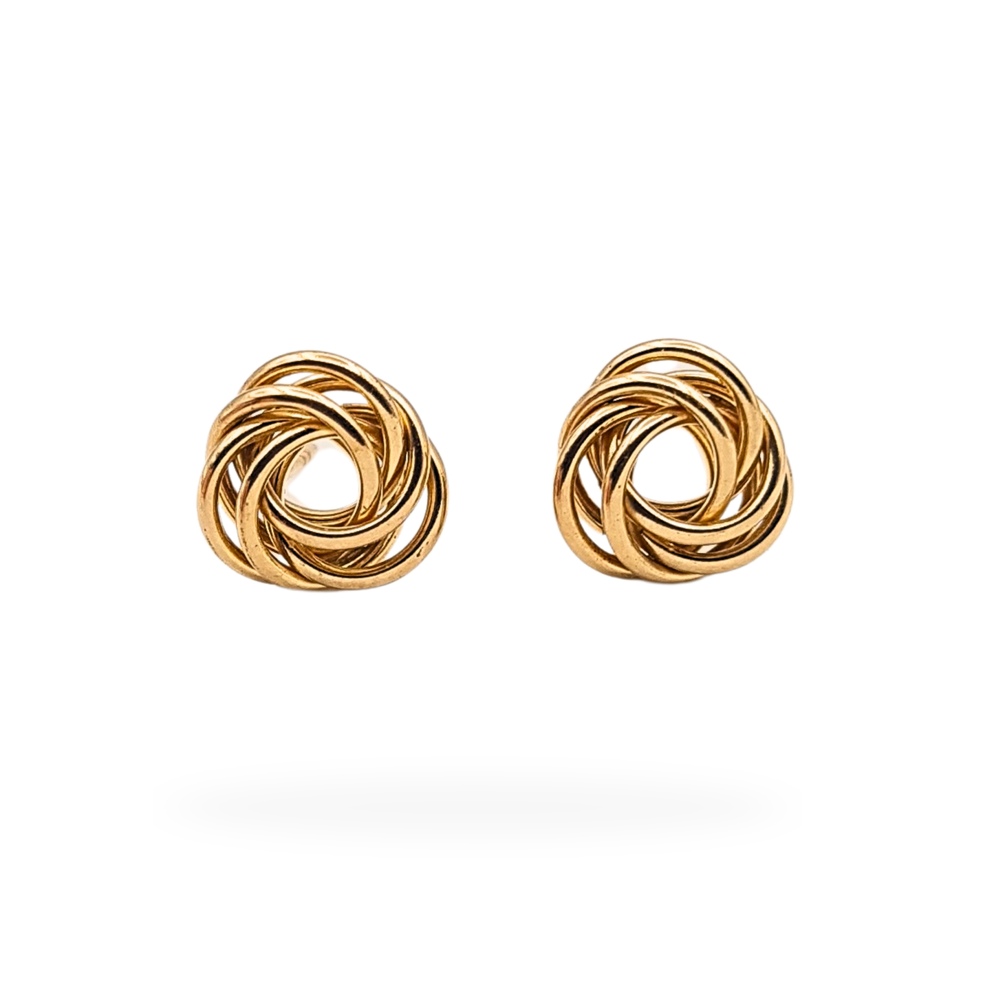 Pair of small 9ct yellow gold wire twist knot stud earrings, 9mm round faces, lightweight 0.5g total weight, not hallmarked but fully tested gold, classic interwoven knot design suitable for everyday wear or minimalist styling.