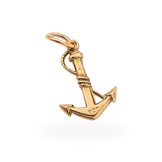 Small 9ct gold anchor charm pendant with rope detail and hollow construction