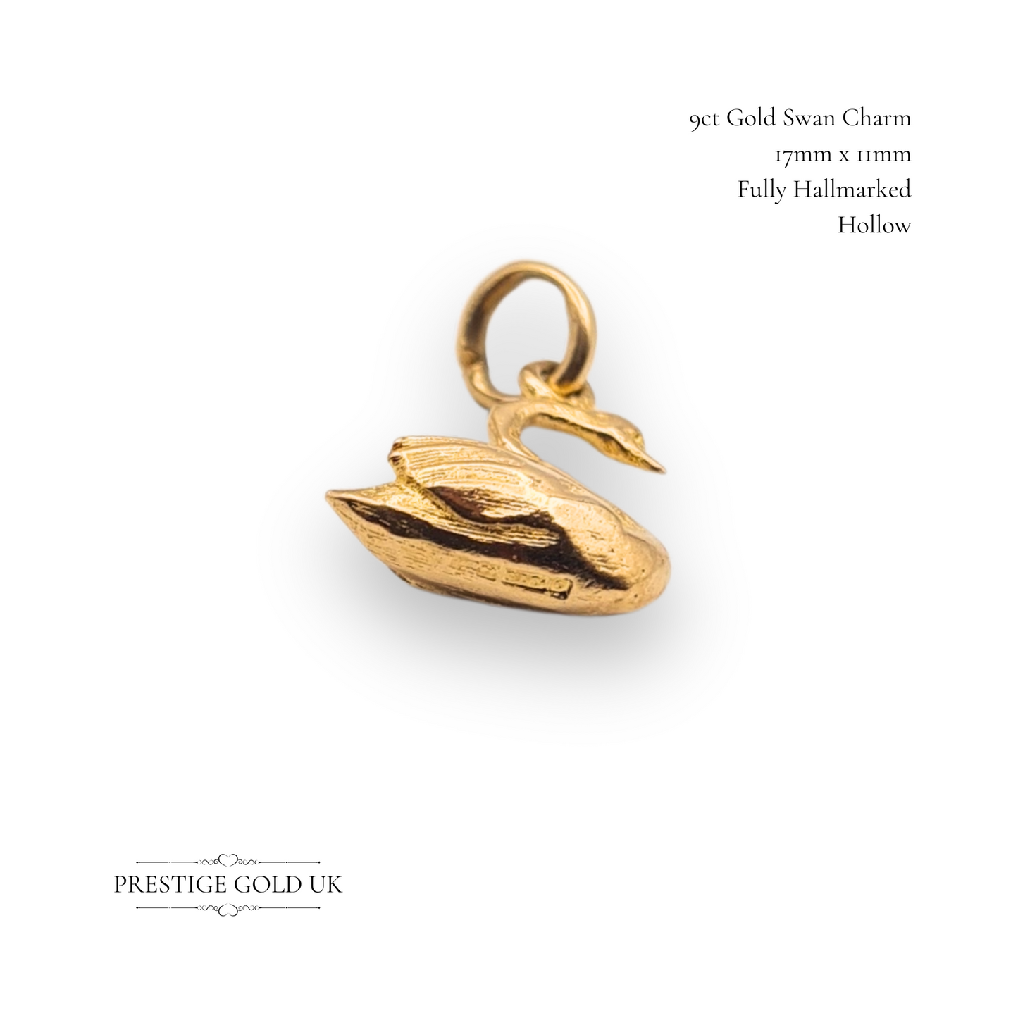 Tiny 9ct Gold Swan Charm,  Hollow Ladies Lightweight Swan Pendant