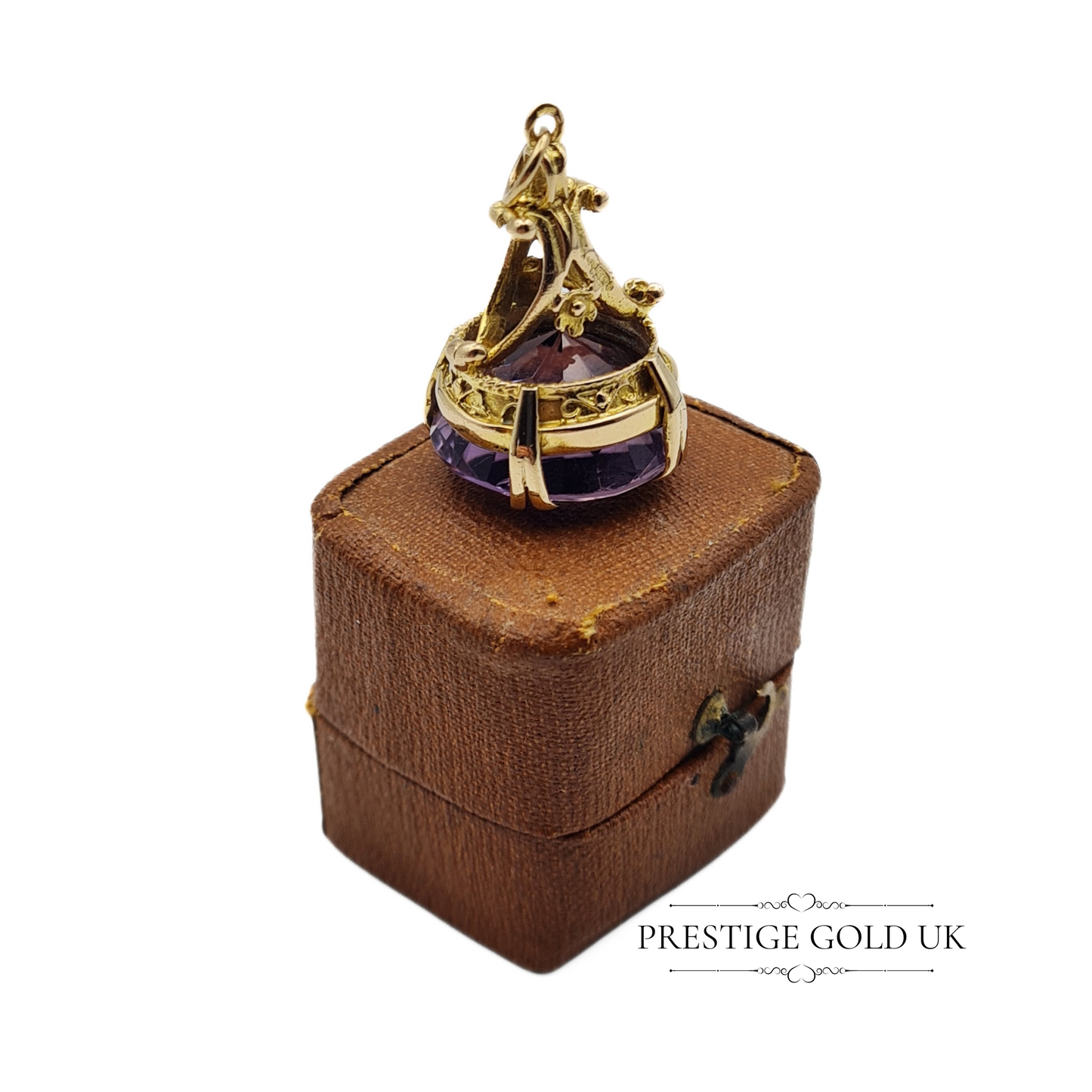 Gold Amethyst Fob 9ct - Ornate Round Amethyst Fob - Purple Amethyst Pendant