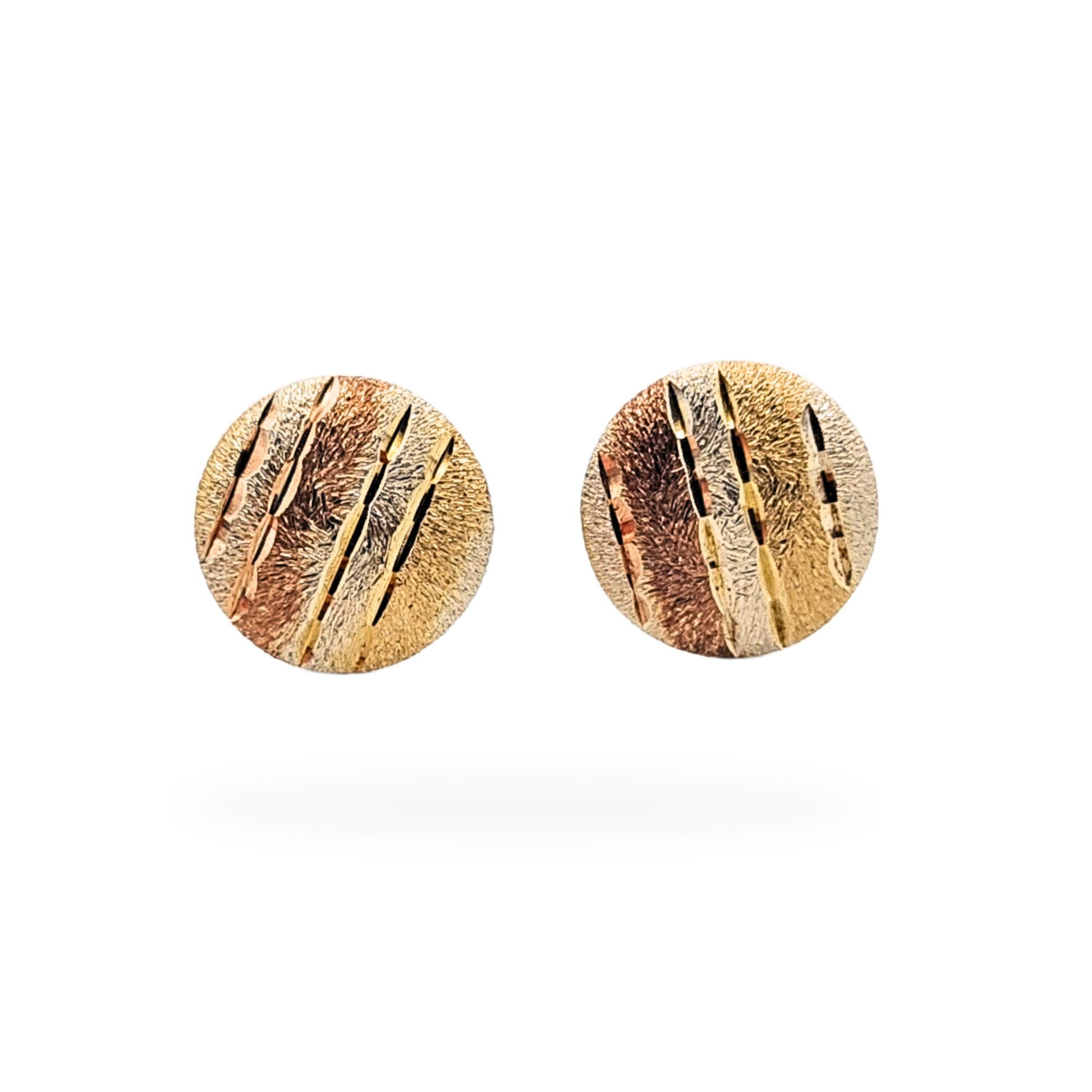 Pair of 9ct gold two colour round stud earrings with engraved textured finish, featuring yellow and rose gold detailing, 10mm disc faces, lightweight 0.8g total weight, fully tested gold, classic minimalist stud design for everyday wear.