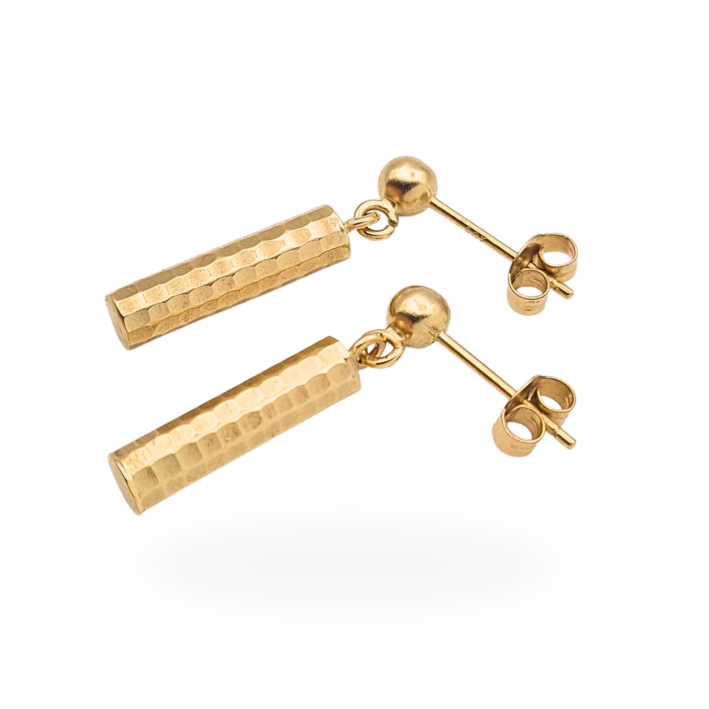 9ct Gold Barrel Drop Earrings Hammered Faceted Texture Minimalist Dangle