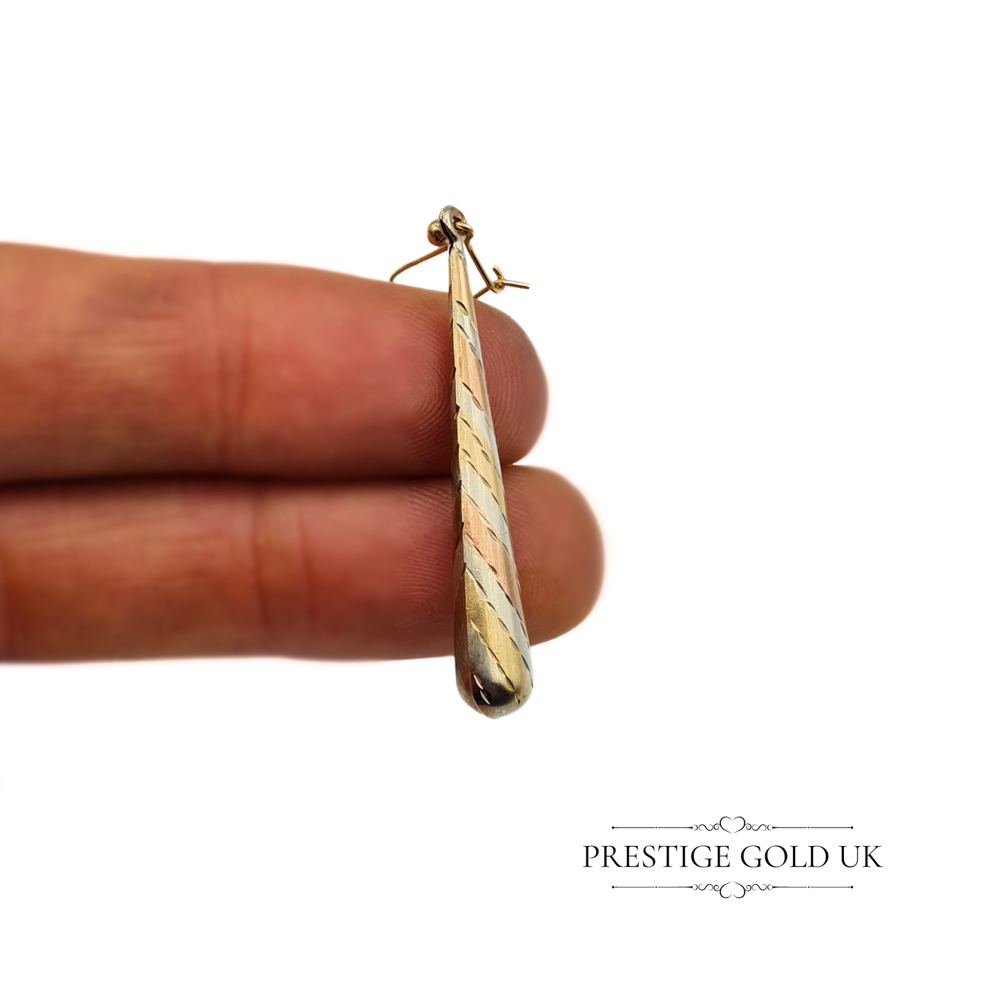 Vintage 9ct Gold Three-Tone Long Drop Earrings, 42mm Spiral Teardrop Design, Stamped & Fully Tested, Elegant Dangle Earrings