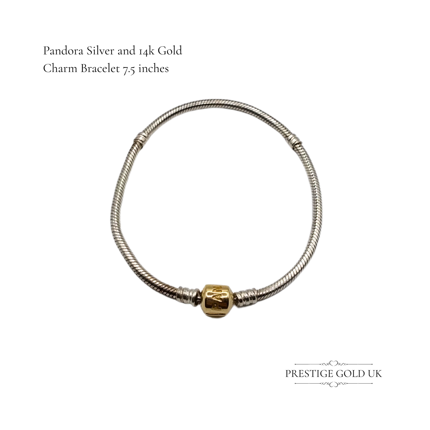 Pandora Silver Charm Bracelet with 14ct Gold Clasp, ALE 585 Hallmarked, 7.5 Inch