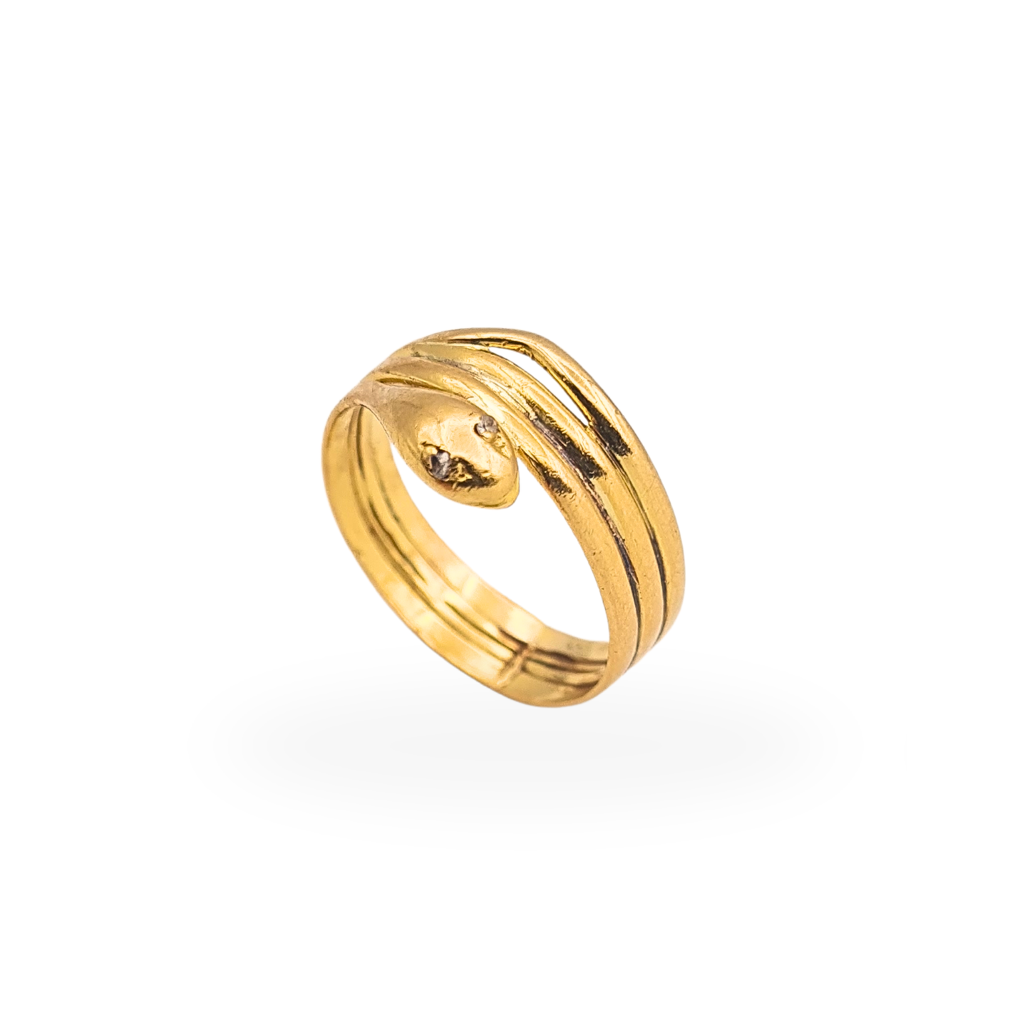 Tiny handmade coiled snake ring in tested 21ct gold with diamond eyes, vintage pinky ring, UK H½.
