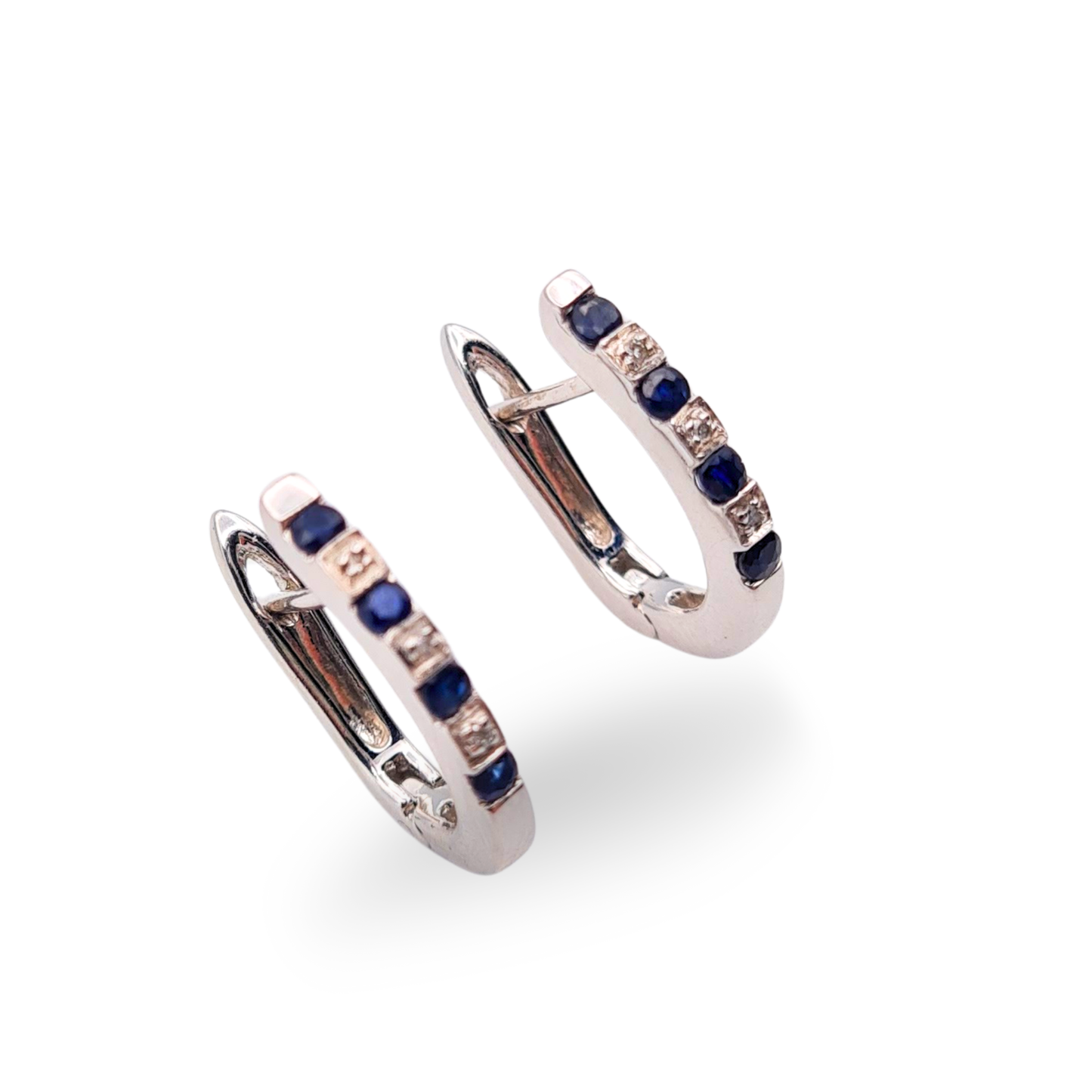 9ct White Gold Diamond Sapphire Huggie Earrings With Hinged Hoops