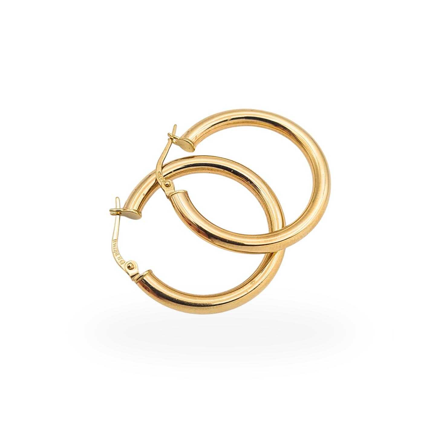 Pair of polished 9ct gold hollow hoop earrings with secure flip top fasteners