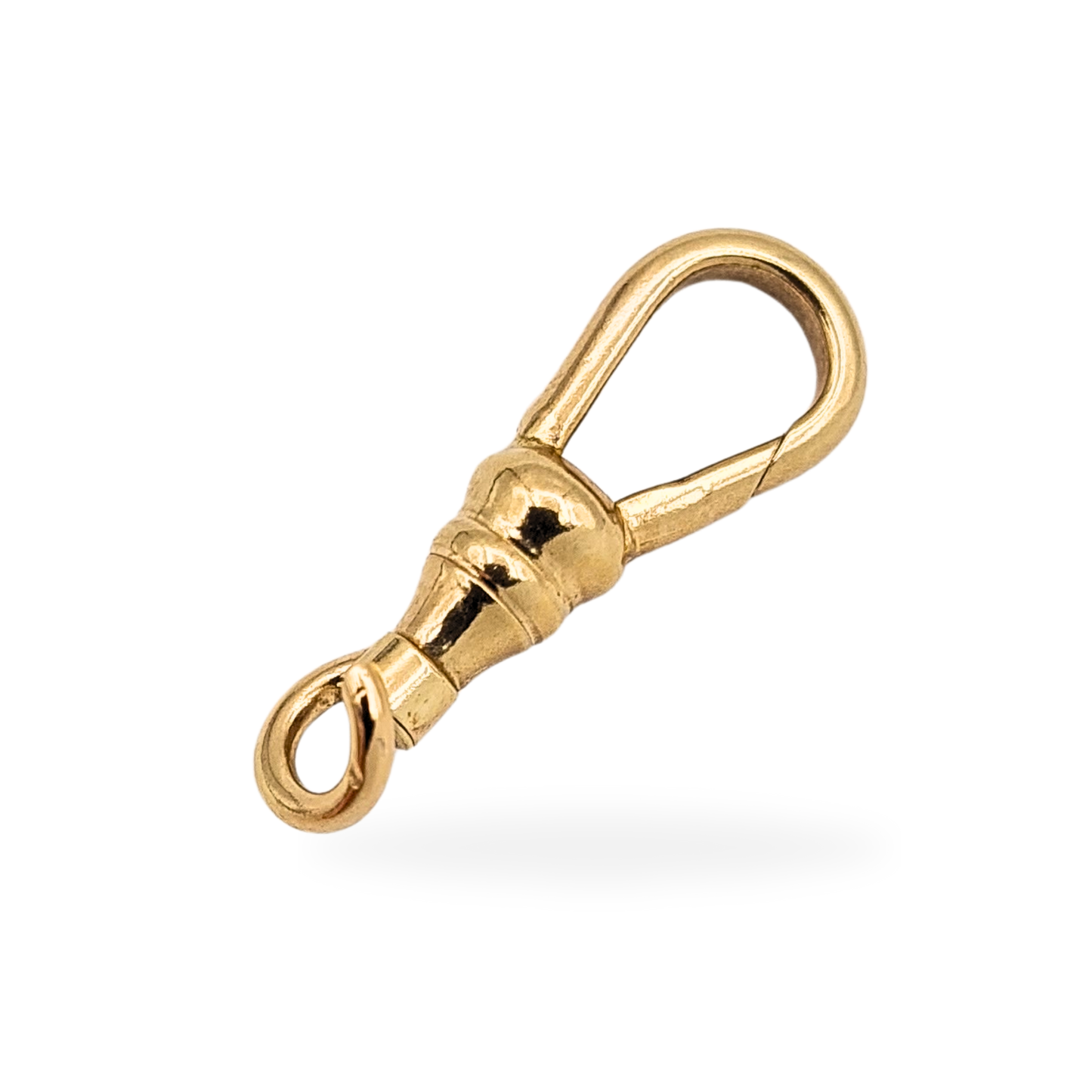 Vintage 9ct yellow gold Albert chain dog clip measuring 22mm long and weighing 1.4g, stamped 9ct and tested, shown from multiple angles to highlight the classic swivel clasp design, warm yellow gold finish, solid construction, and well-preserved vintage condition.