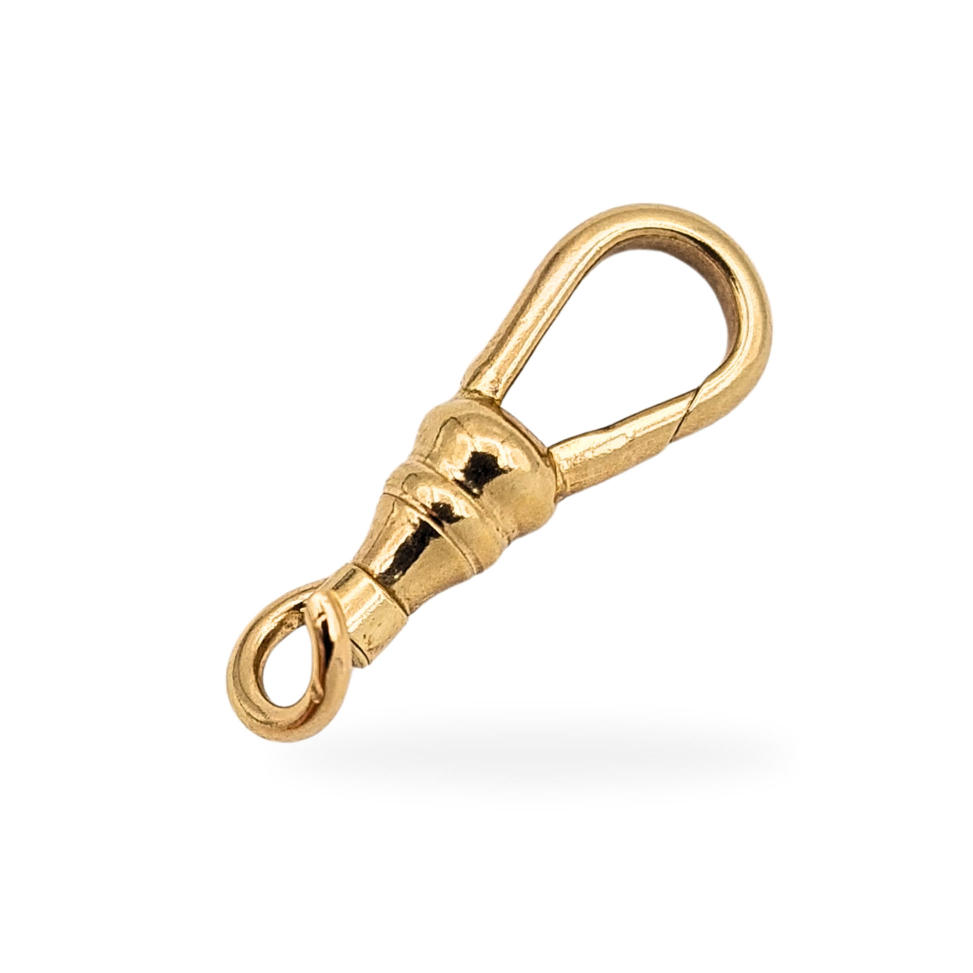Vintage 9ct yellow gold Albert chain dog clip measuring 22mm long and weighing 1.4g, stamped 9ct and tested, shown from multiple angles to highlight the classic swivel clasp design, warm yellow gold finish, solid construction, and well-preserved vintage condition.