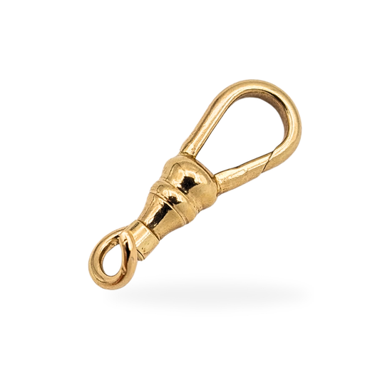 Vintage 9ct yellow gold Albert chain dog clip measuring 22mm long and weighing 1.4g, stamped 9ct and tested, shown from multiple angles to highlight the classic swivel clasp design, warm yellow gold finish, solid construction, and well-preserved vintage condition.