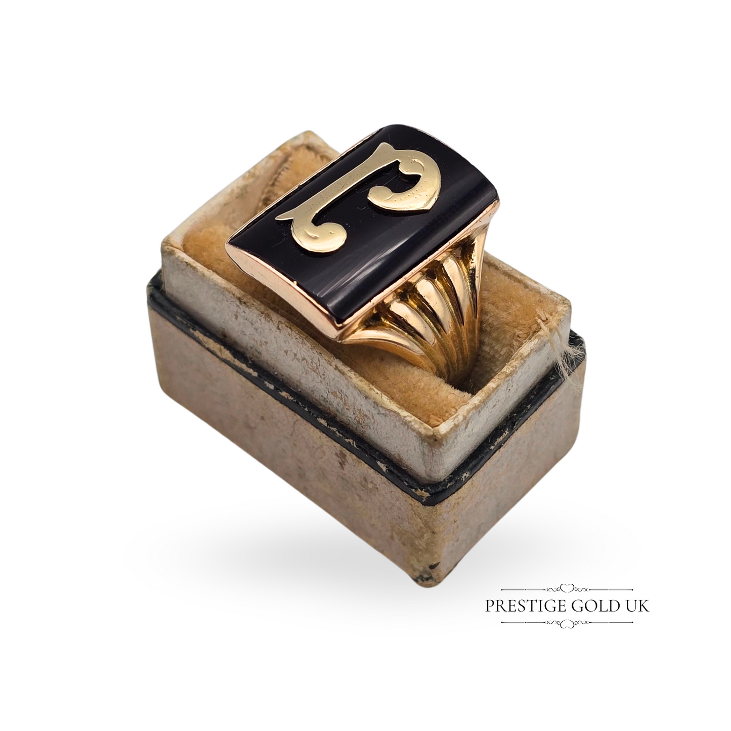 9ct Gold & Black Onyx Signet Ring P Initial, Rectangular Face  UK L 1/2  US 6