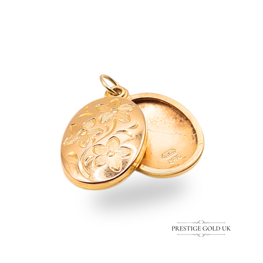 9ct Gold Oval Floral Locket Pendant 18mm x 11mm Lightweight Stamped 375