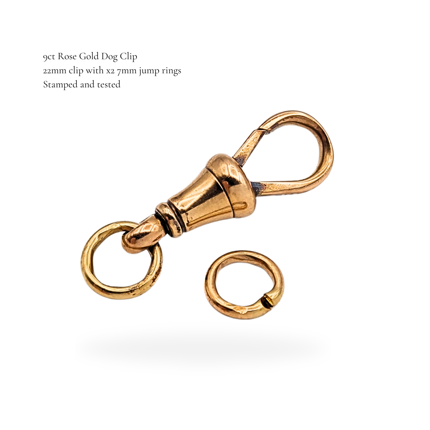 9ct Rose Gold Dog Clip Albert Chain Clasp, Twin 7mm Rings