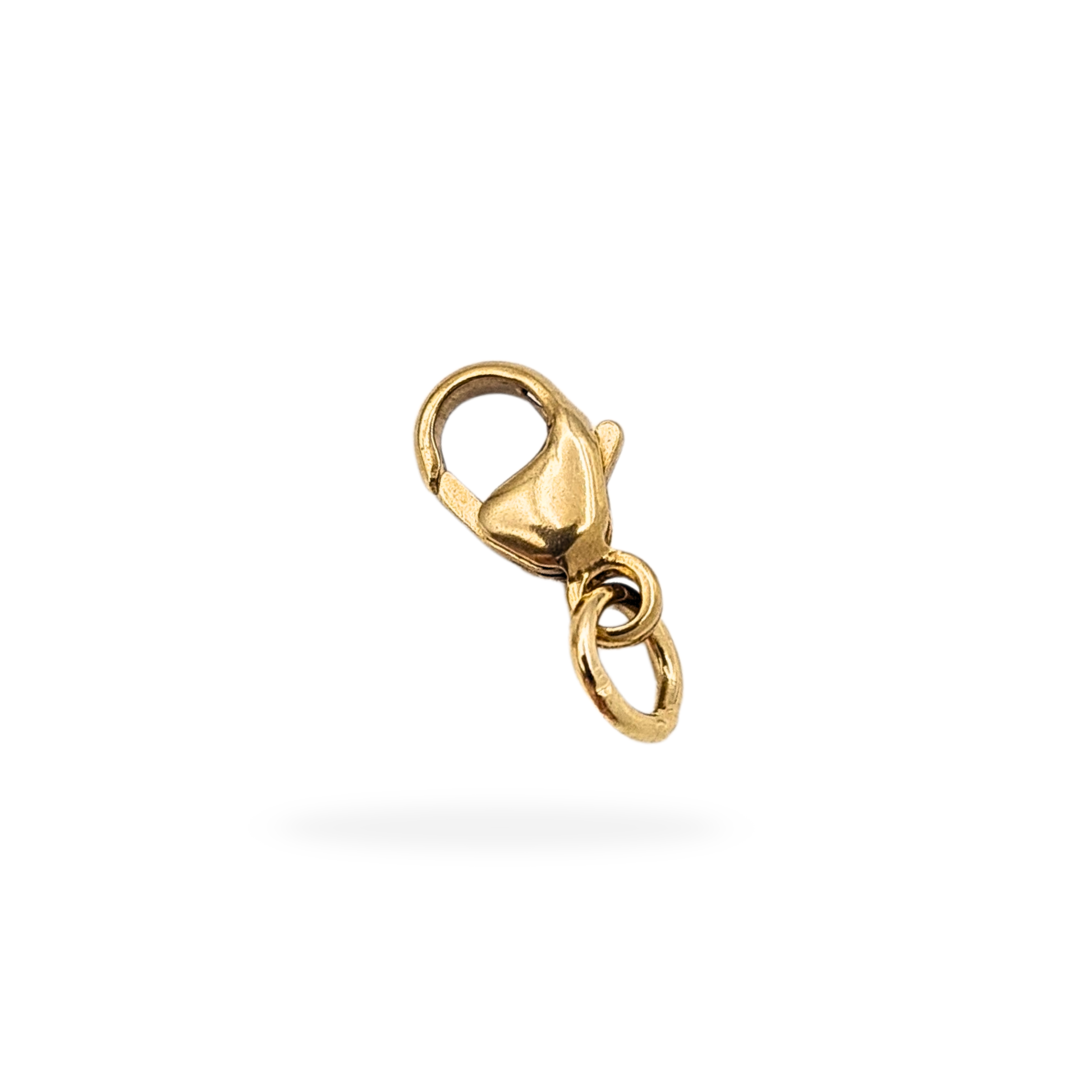 Solid 9ct gold lobster clasp stamped 375, measuring approximately 9mm in length and weighing 0.36g. Tiny yellow gold carabiner clasp suitable for necklace or bracelet repairs, replacement fasteners, or fine jewellery making, shown close-up for scale.