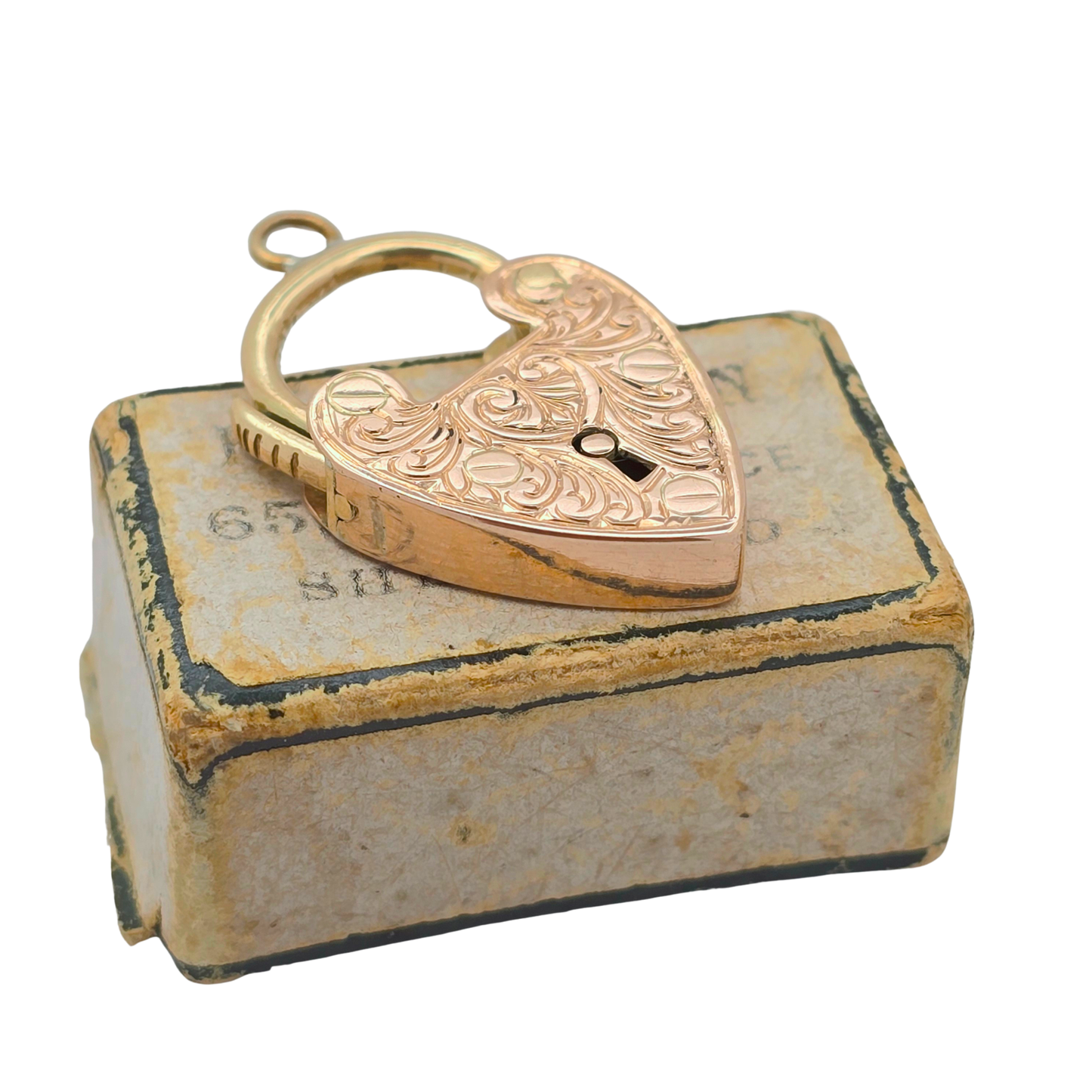 Antique Rose Gold Heart Padlock Clasp, Hand Engraved Chester Hallmark