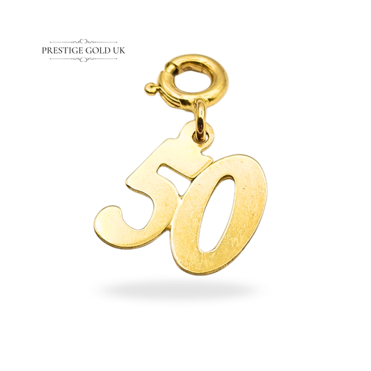 9ct yellow gold 50th birthday charm pendant, stamped 375, milestone age number charm, 11mm x 9mm, 0.46g, vintage gold jewellery gift for milestone celebrations