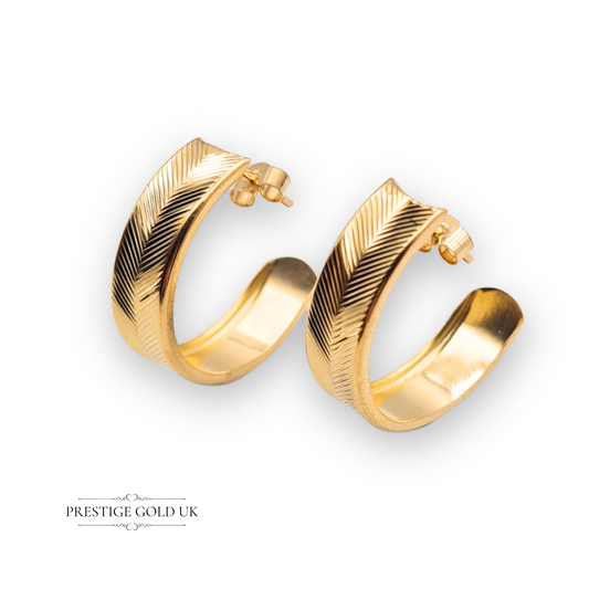 Pair of 9ct yellow gold half hoop earrings with chevron engraved pattern, butterfly backs, 15mm drop and 5mm width, lightweight and elegant for daily wear.