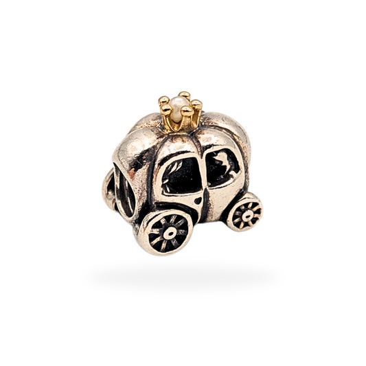 Retired Pandora Carriage charm in sterling silver with 14k gold and pearl accents, hallmarked S925 ALE. Features intricate coach design with gold crown and pearl detail, measures 11mm x 9mm x 11mm, excellent condition.