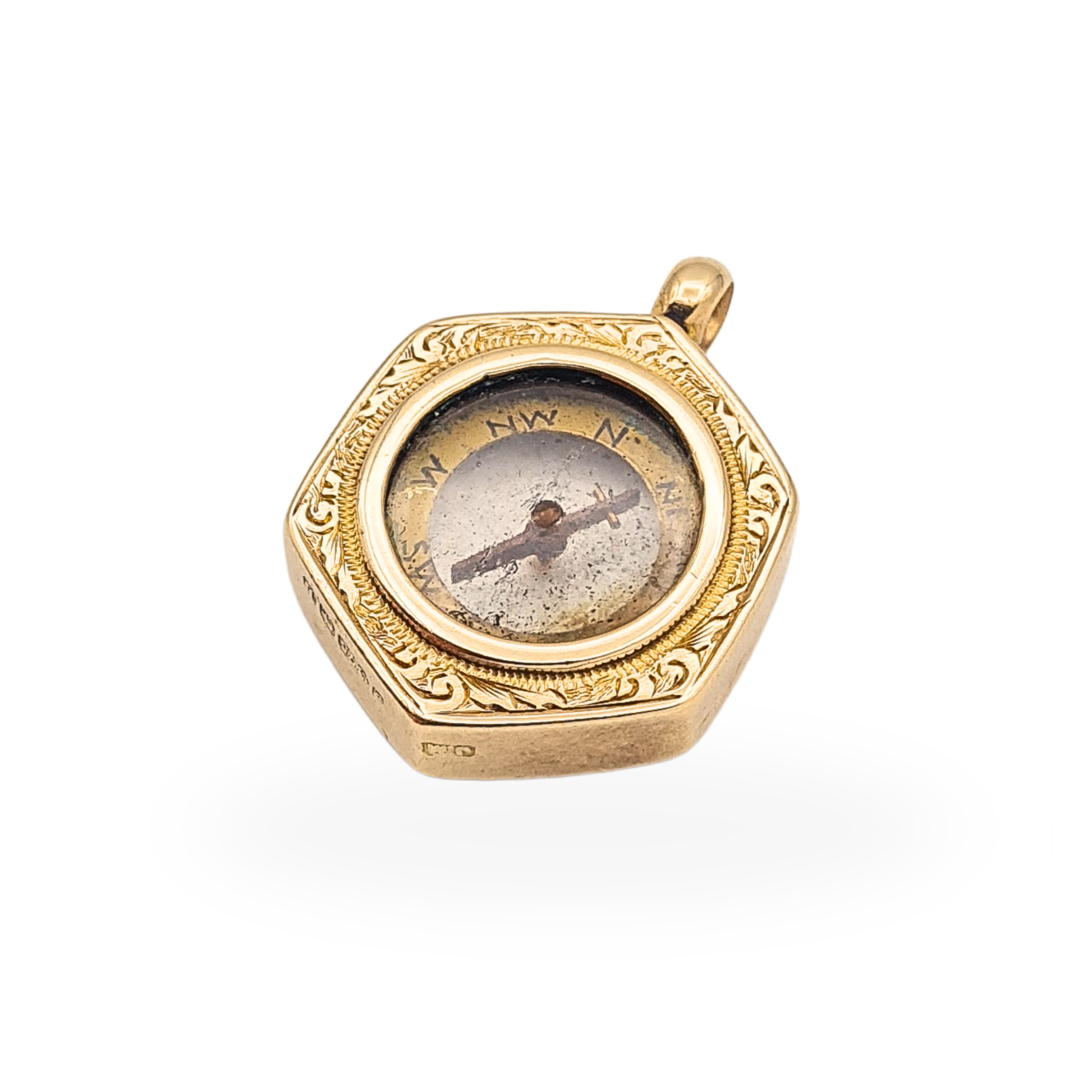 Antique 9ct gold hexagonal compass pendant with hand engraved decoration and Birmingham 1901 hallmarks