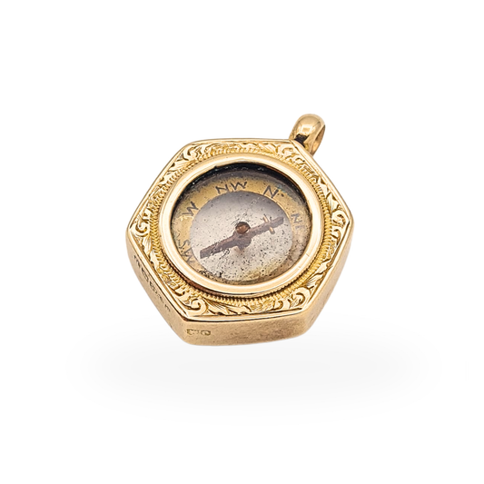 Antique 9ct gold hexagonal compass pendant with hand engraved decoration and Birmingham 1901 hallmarks