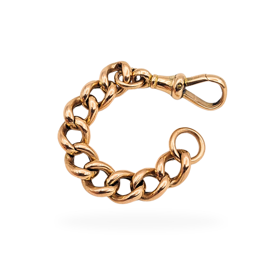 9ct rose gold Albert chain necklace extender with hollow curb links measuring 6.5mm wide, stamped 9 and 375, 3 inch 7.5cm length, fitted with traditional dog clip clasp, warm rose gold tone ideal for extending antique or modern chains.