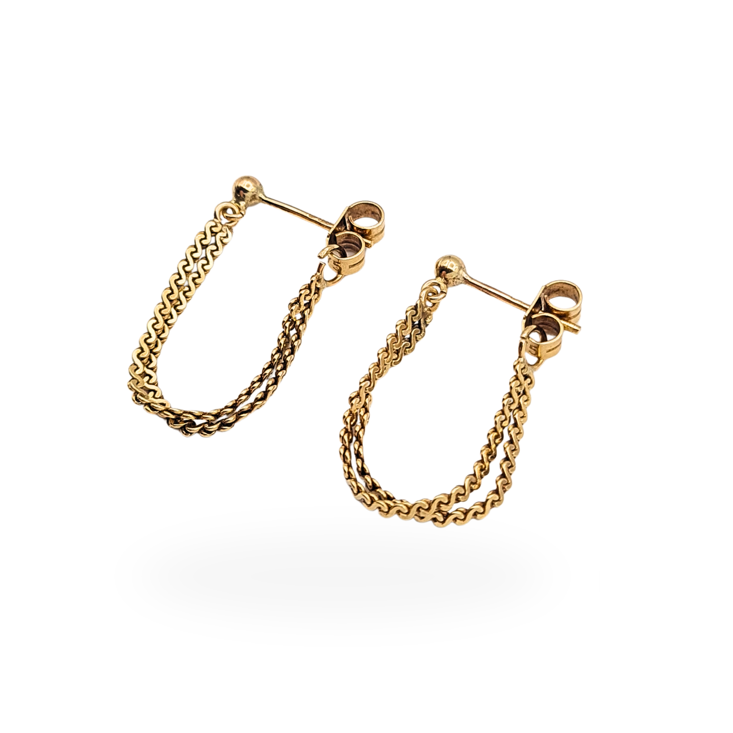 Pair of 9ct yellow gold chain drop earrings featuring double S-link style chains suspended from stud fittings with butterfly backs, approximately 45mm long. Fully British hallmarked gold earrings with fine articulated chain movement and lightweight elegant design.
