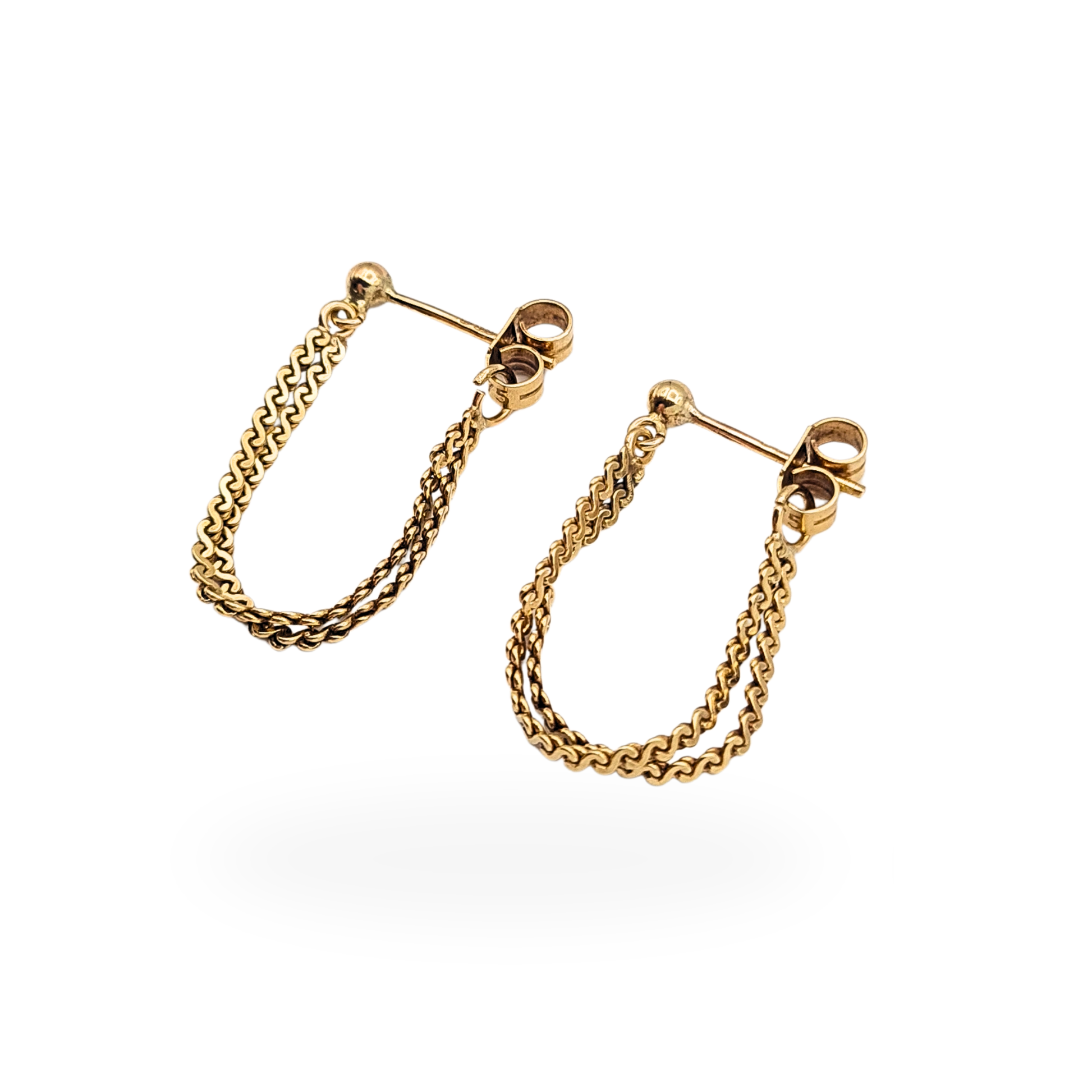 Pair of 9ct yellow gold chain drop earrings featuring double S-link style chains suspended from stud fittings with butterfly backs, approximately 45mm long. Fully British hallmarked gold earrings with fine articulated chain movement and lightweight elegant design.
