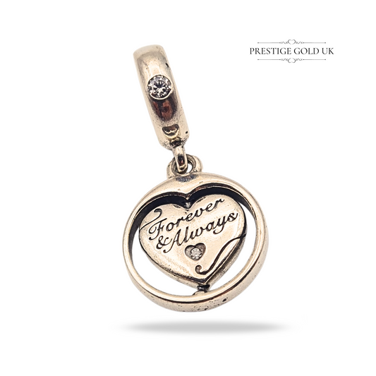925 ALE Pandora Soulmates spinning heart charm, sterling silver, Forever & Always CZ, 25mm long, 3.5g, authentic 79926601