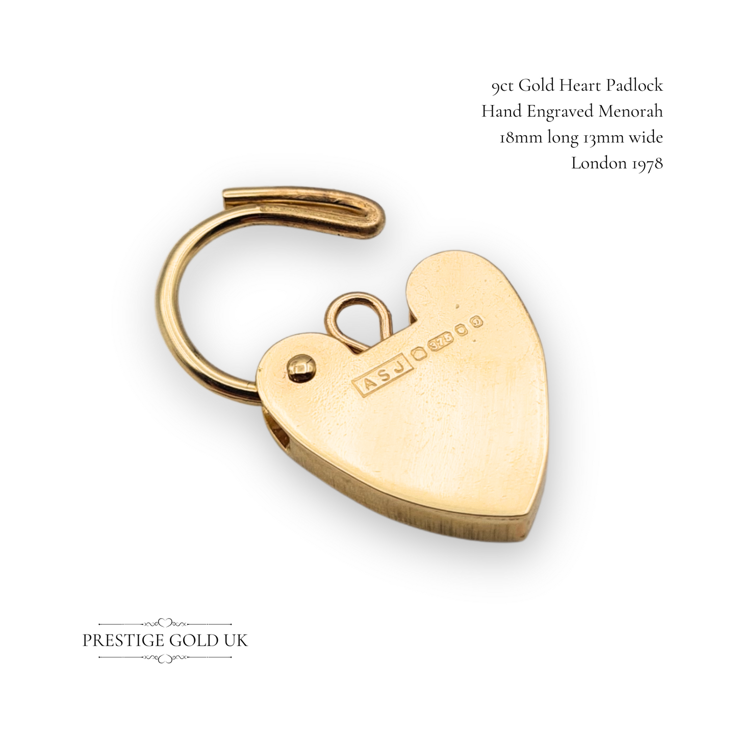 Small 9ct Gold Jewish Menorah Heart Padlock Ornate Engraving, London 1978