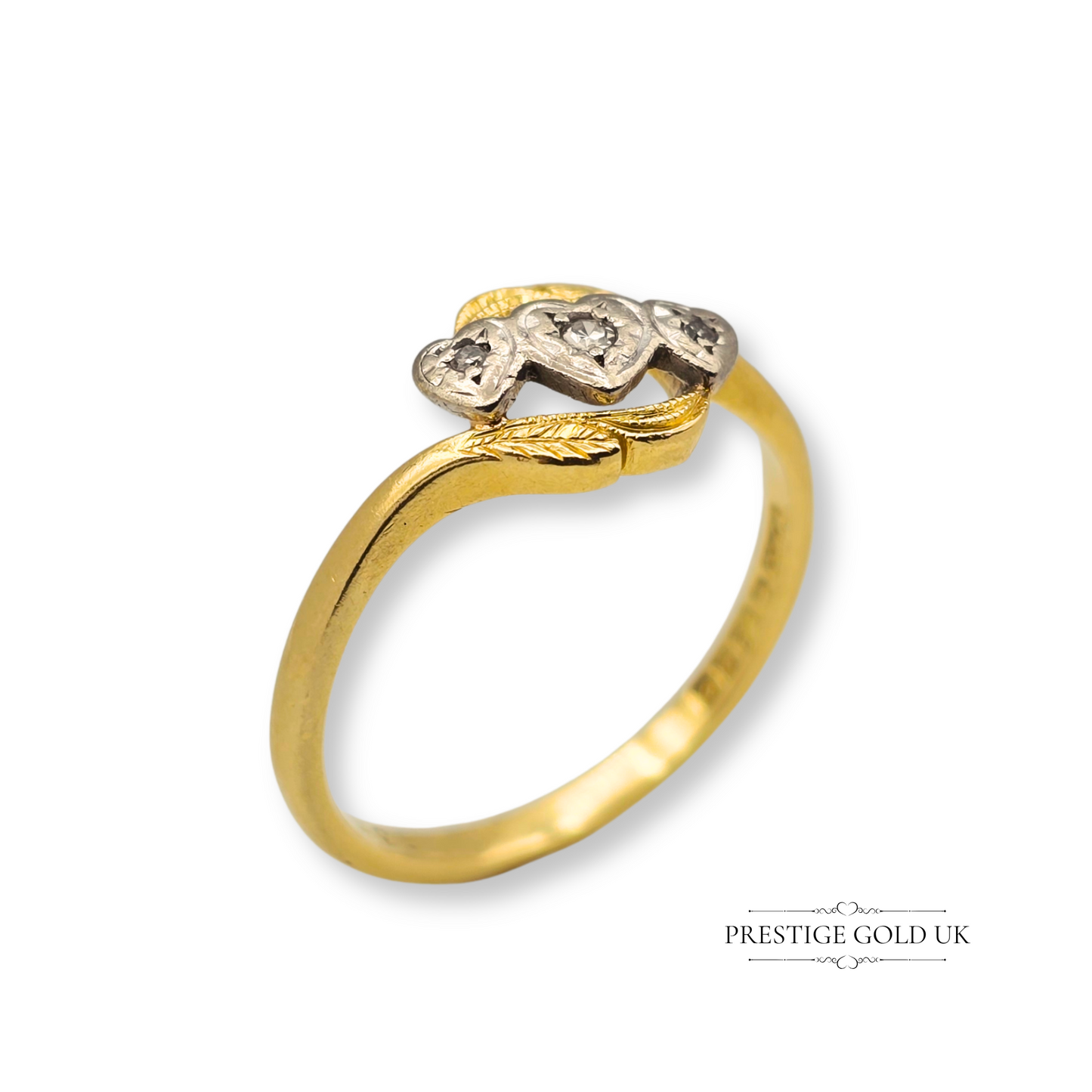 18ct Three Heart Diamond Ring Yellow & White Gold, Crossover Design