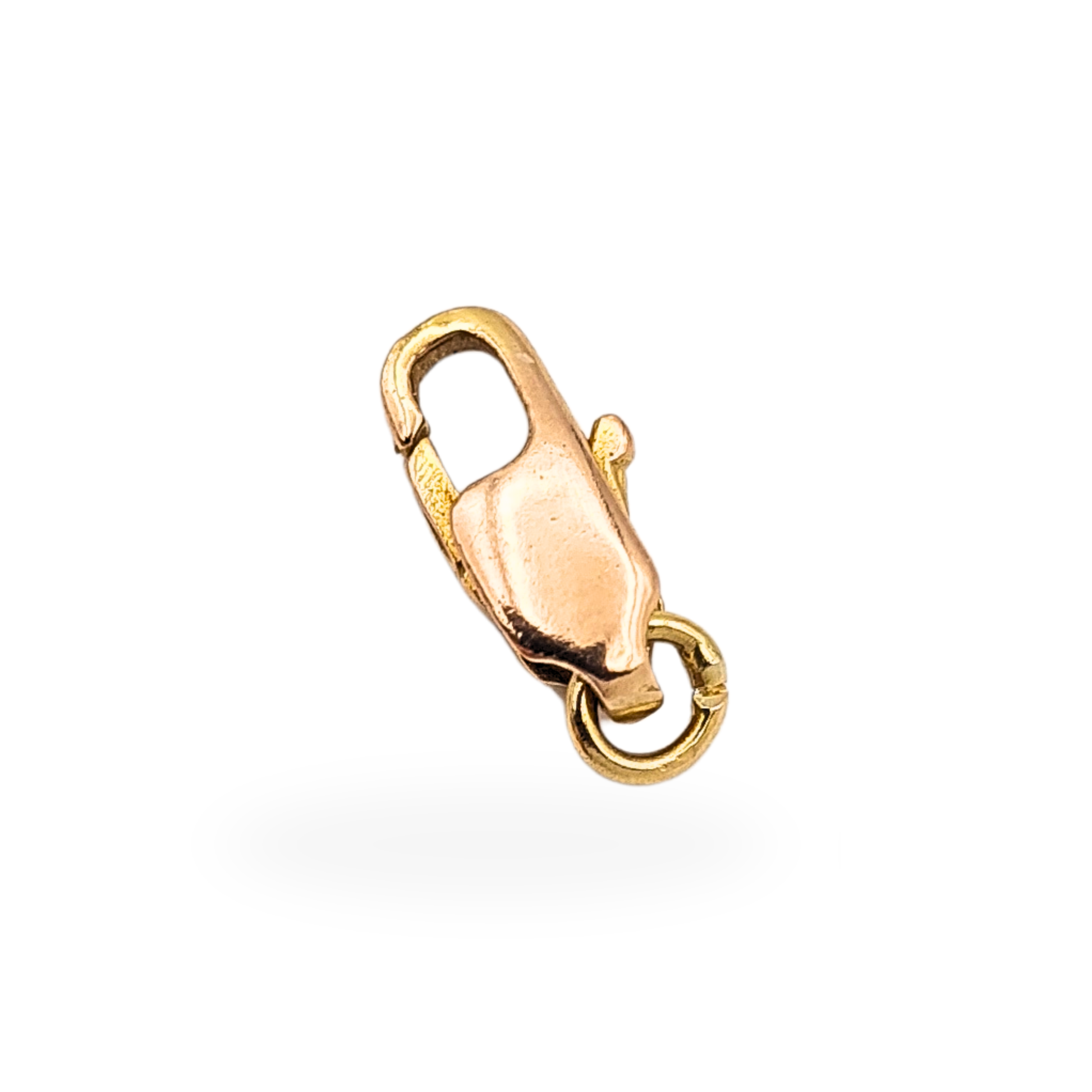 Small 9ct rose gold lobster clasp jewellery finding measuring around 10mm long, stamped 375 and fully tested. Petite chain fastener with classic lobster trigger mechanism, ideal for repairing fine gold necklaces or bracelets or for jewellery making and restoration work.
