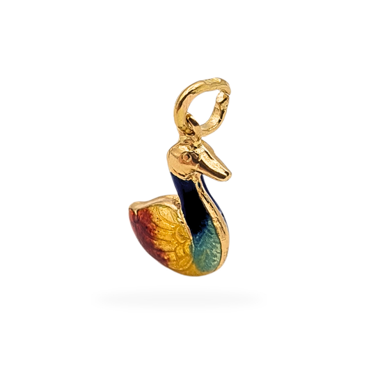 Vintage 18ct gold enamel duck charm stamped 750, measuring 12mm tall, 11mm long and 6mm wide, weighing 1.55g. Colourful blue, red, yellow and green enamel bird pendant with minor chips and wear, detailed miniature gold animal charm.