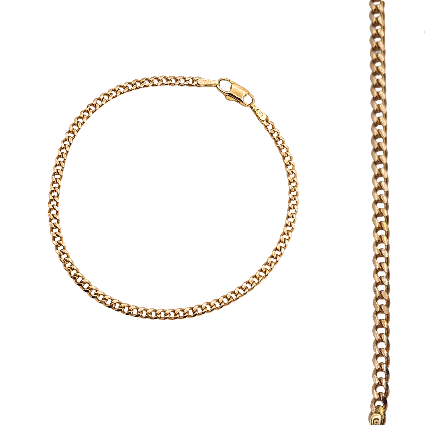 9ct rose gold curb chain bracelet measuring 7 inches or 18cm long with tightly linked solid curb chain design and lobster clasp fastening. Stamped 9ct gold bracelet shown beside ruler for scale with close-up images of the clasp and hallmark.