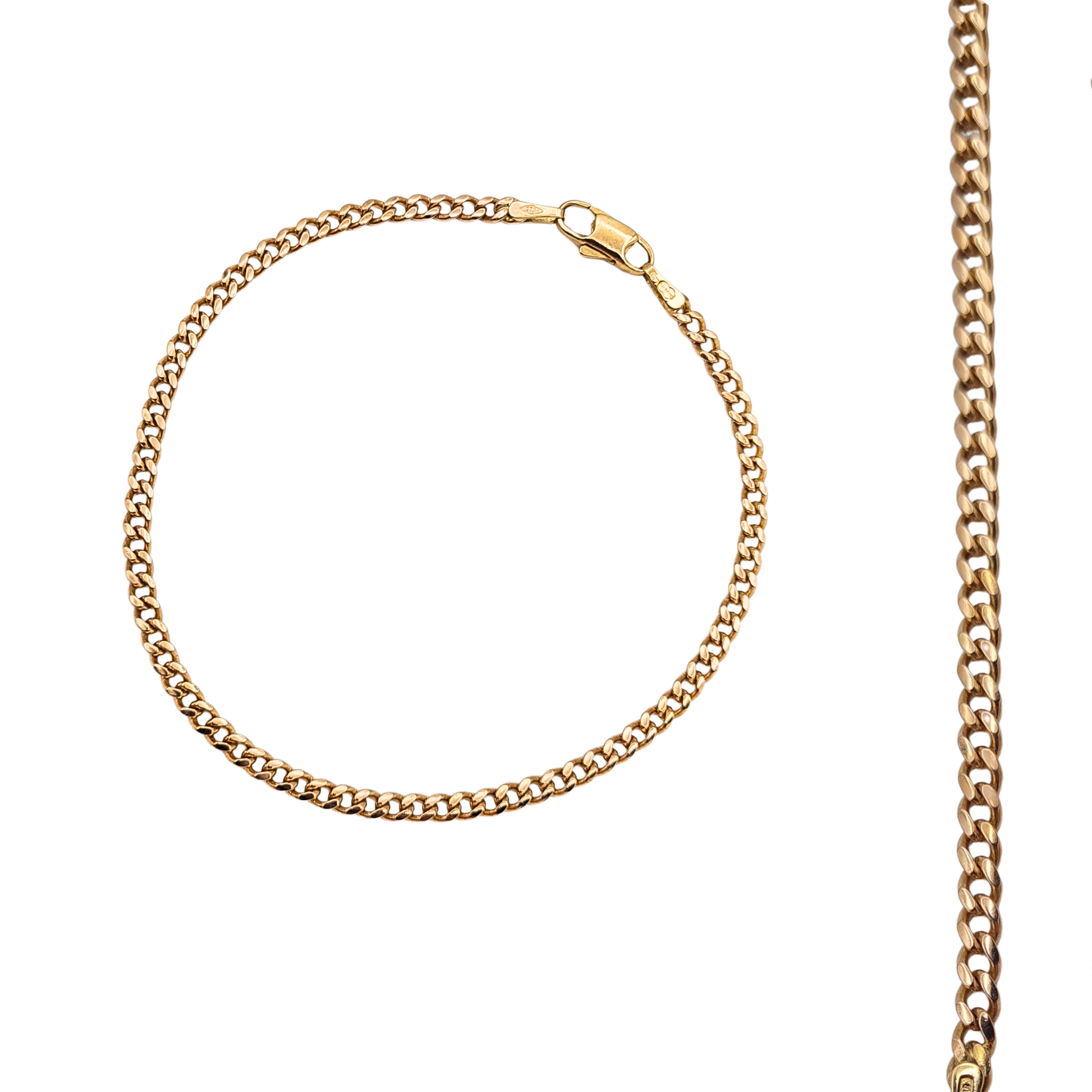9ct rose gold curb chain bracelet measuring 7 inches or 18cm long with tightly linked solid curb chain design and lobster clasp fastening. Stamped 9ct gold bracelet shown beside ruler for scale with close-up images of the clasp and hallmark.