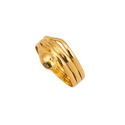 21ct Antique Gold, Tiny Coiled Snake Ring, Diamond Eyes, Pinky Ring  UK H½ US 4¼
