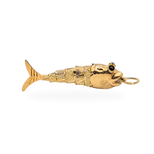9ct gold articulated fish charm pendant, fully tested gold and 30mm long, featuring a detailed segmented moving body and red stone eyes, not hallmarked but confirmed 9ct, lightweight 1.5g nautical vintage-style jewellery piece with jump ring bale