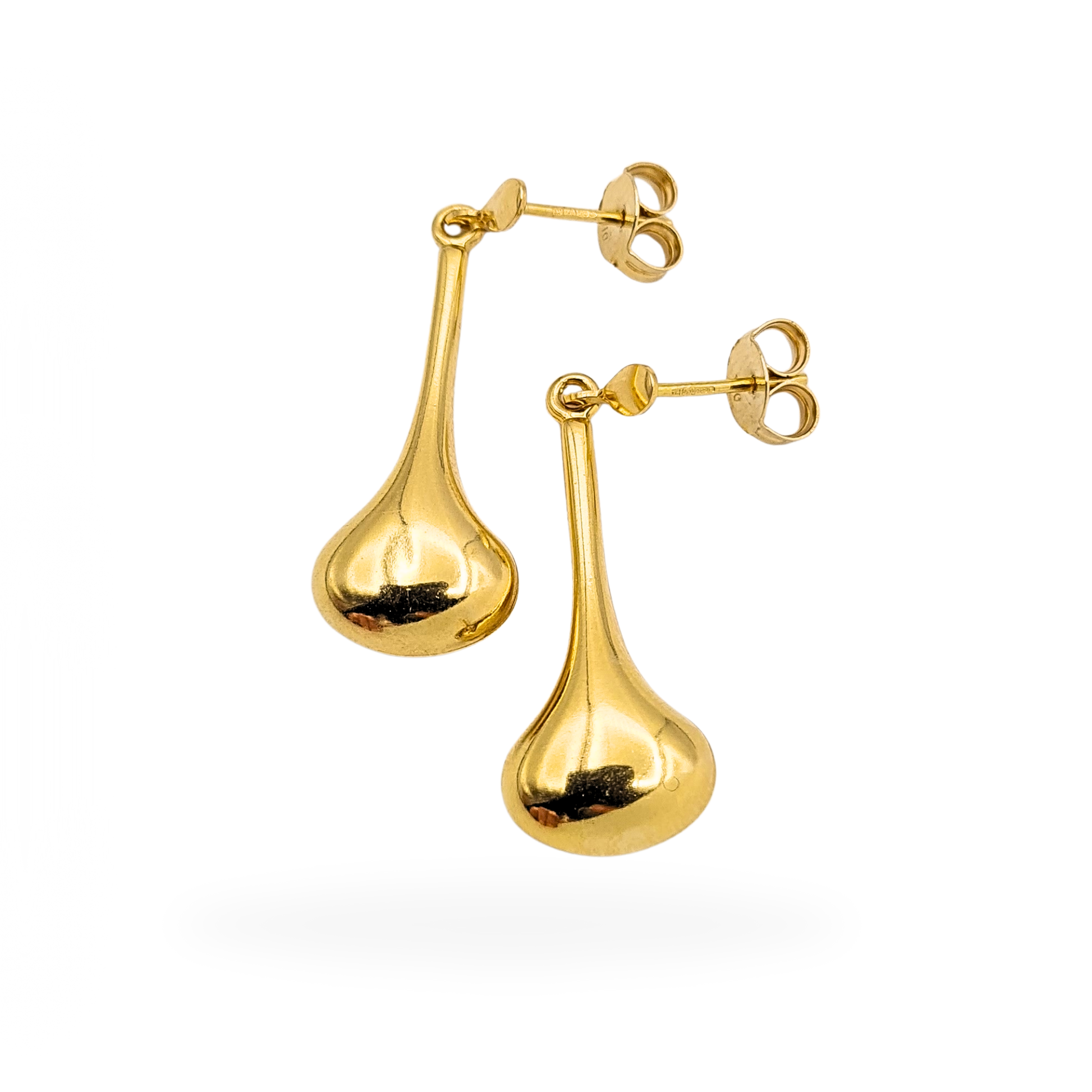 Pair of vintage 18ct yellow gold teardrop earrings, fully hallmarked with post and butterfly backs. Hollow construction with a polished finish, measuring 30mm long by 10mm wide and 6mm deep, lightweight at 2.2g. Elegant and timeless design.