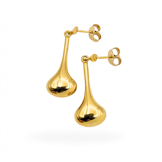 Pair of vintage 18ct yellow gold teardrop earrings, fully hallmarked with post and butterfly backs. Hollow construction with a polished finish, measuring 30mm long by 10mm wide and 6mm deep, lightweight at 2.2g. Elegant and timeless design.