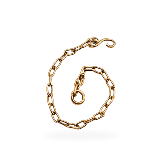 Close-up of a 9ct rose gold safety chain measuring 2 1/2 inches (64mm) long, featuring an elegant S-link hook design. Tested as 9ct gold, ideal as a bracelet or watch chain replacement. Lightweight at 0.36g and in excellent vintage condition.