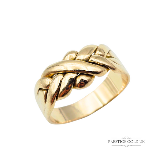 Vintage 9ct gold twist puzzle ring in a braided interwoven design, UK size R. Fully tested for gold purity, this intricate and elegant band makes a unique statement piece or thoughtful gift, suitable for men or women.
