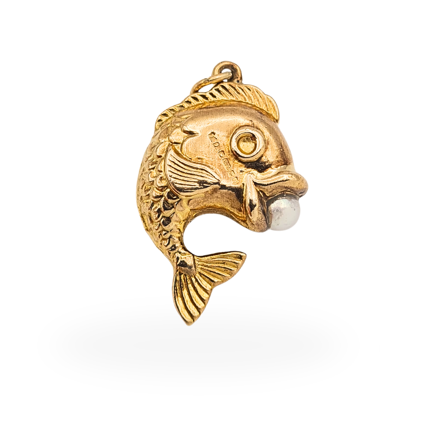 9ct Gold Lucky Fish Charm Pendant Pearl Puffy Fish