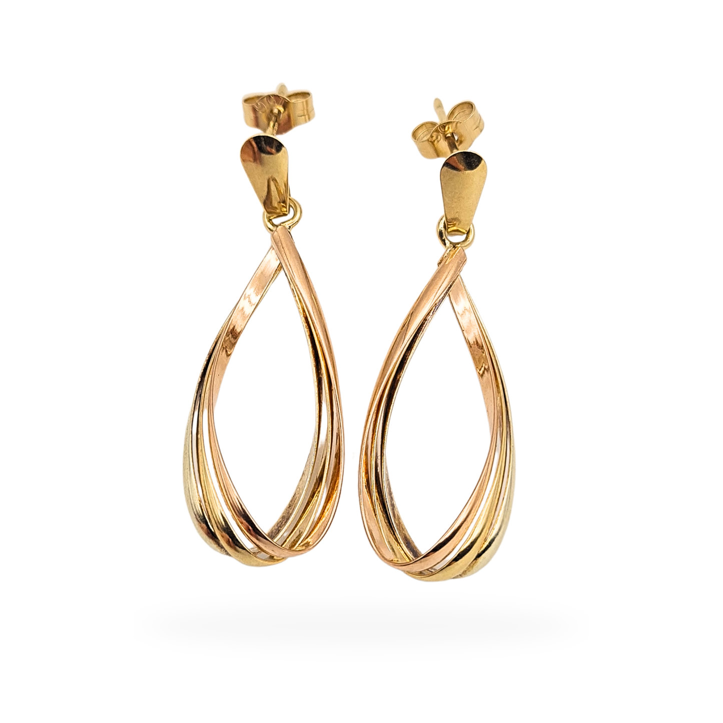 Pair of 9ct gold tri colour twist drop earrings with interwoven yellow, rose and white gold wires, fully British hallmarked, measuring 37mm long and 11mm wide, lightweight 2.9g dangle design with elegant teardrop silhouette.