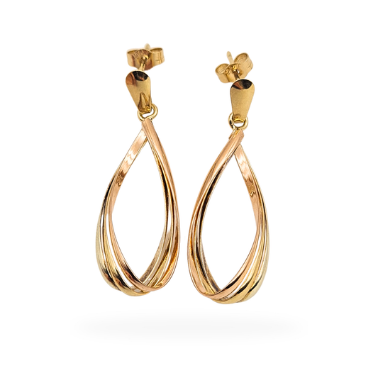 Pair of 9ct gold tri colour twist drop earrings with interwoven yellow, rose and white gold wires, fully British hallmarked, measuring 37mm long and 11mm wide, lightweight 2.9g dangle design with elegant teardrop silhouette.