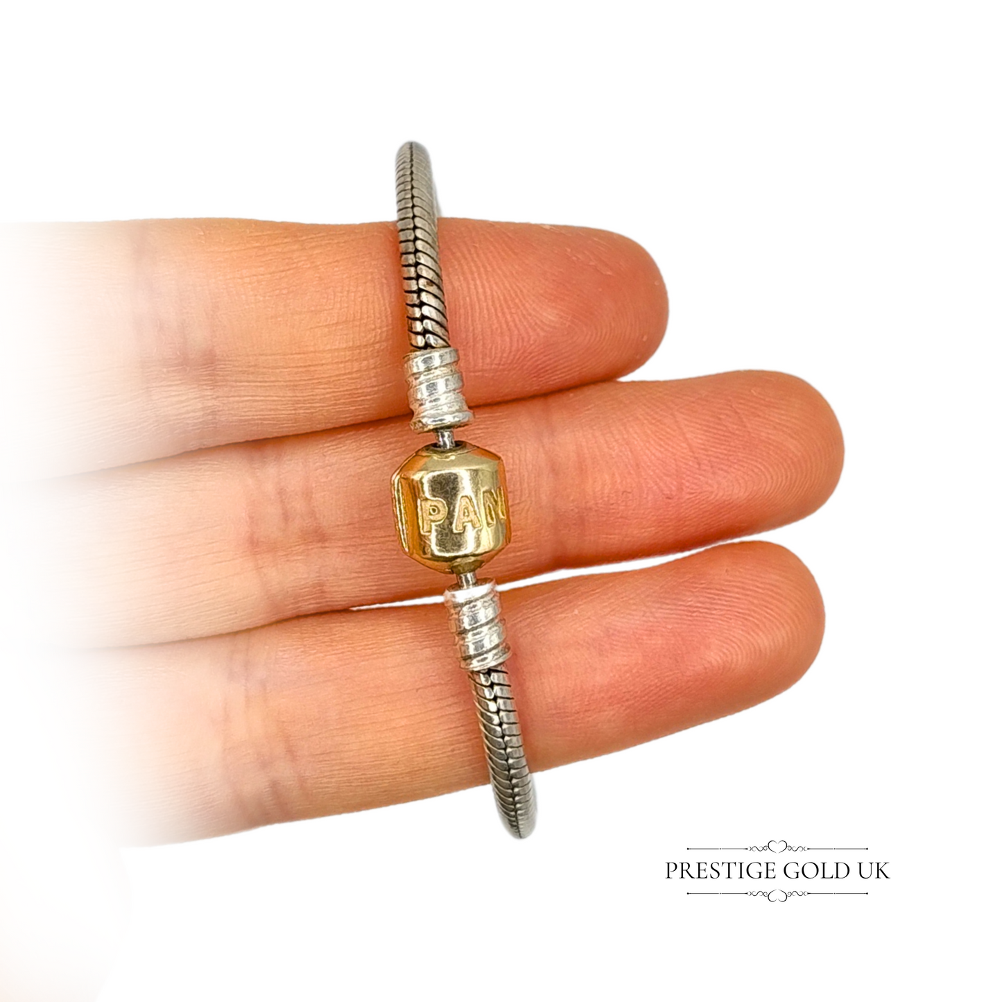 Pandora Silver Charm Bracelet with 14ct Gold Clasp, ALE 585 Hallmarked, 7.5 Inch