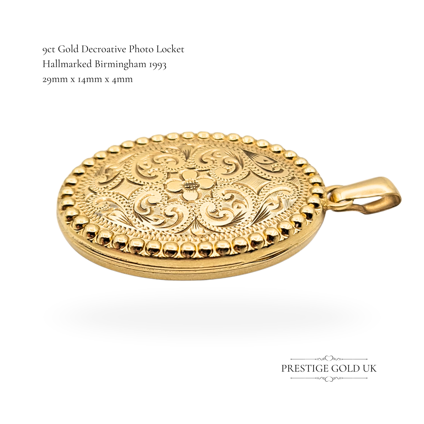 9ct Gold Floral Engraved Oval Photo Locket , Hallmarked 1993