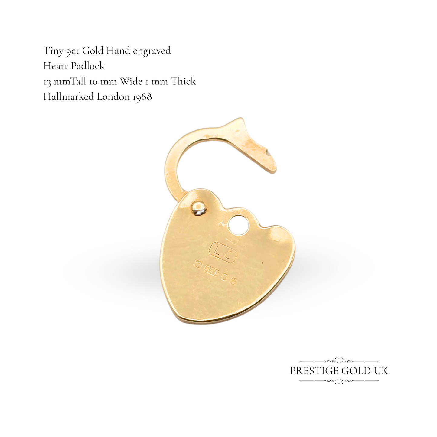 Tiny 9ct Gold Heart Padlock, Hand Engraved, Flat Design, 13mm Tall
