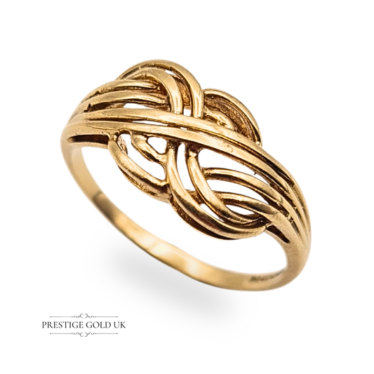 Vintage 9ct gold lovers knot ring with interlocking figure of eight design, 8.5mm wide band, fully hallmarked Birmingham 1988, size UK N US 6 1/2, symbolic gift piece