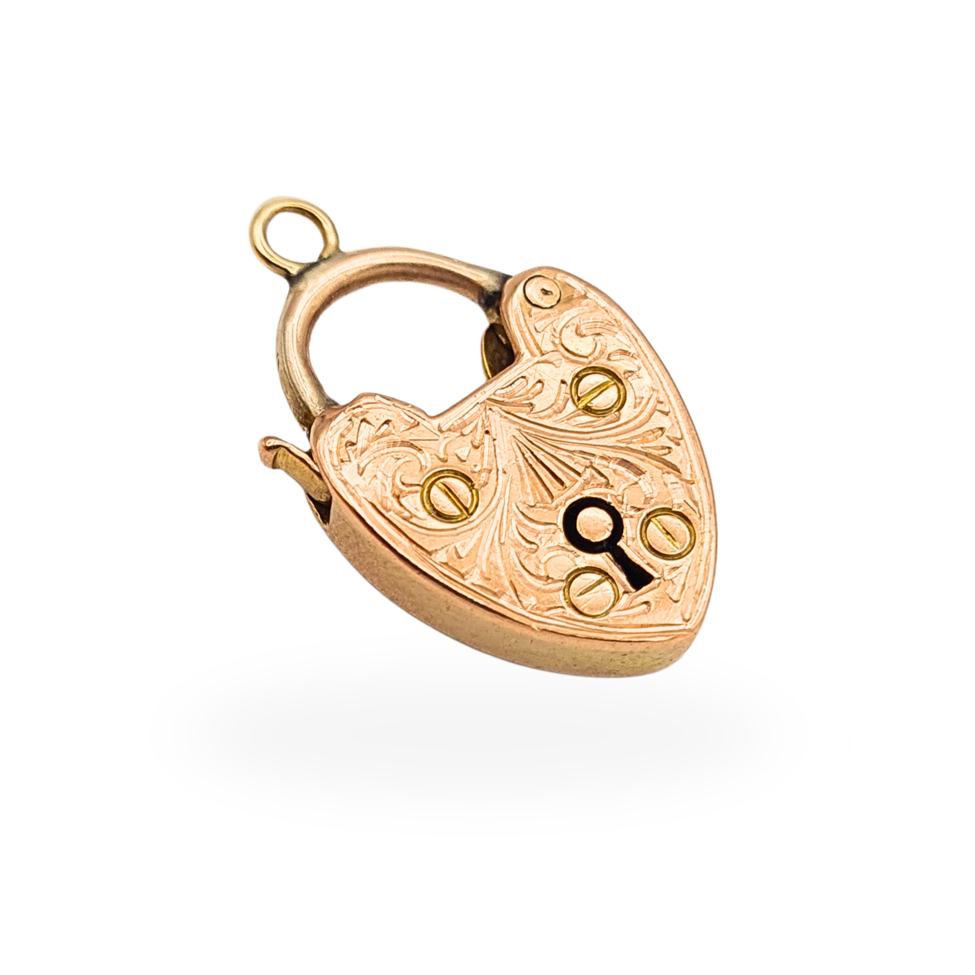 Antique 9ct rose gold hand engraved heart padlock clasp for gate bracelet, 19mm, fully tested.