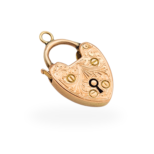 Antique 9ct rose gold hand engraved heart padlock clasp for gate bracelet, 19mm, fully tested.
